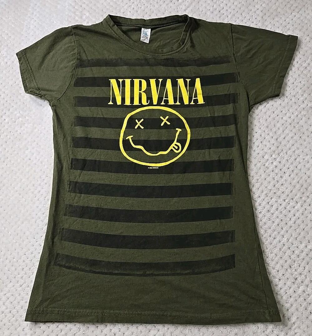 Nirvana 2006 Smiley Face T Shirt Women's L Green Striped Grunge Band Tee #345